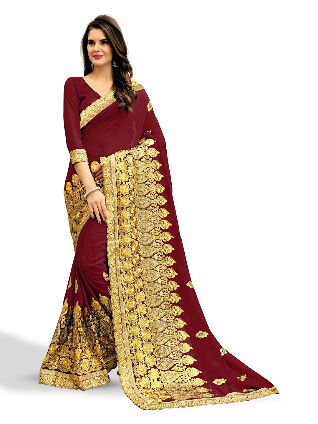 

Kedar Fab Ethnic Motifs Embroidered Saree, Maroon