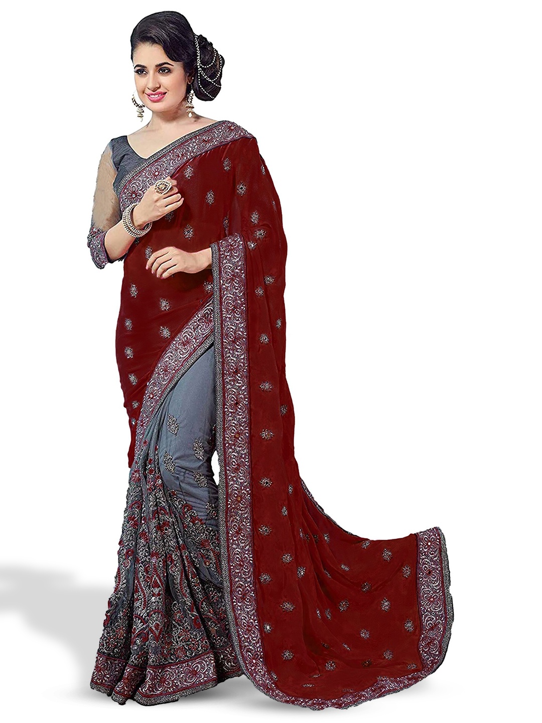 

Kedar Fab Ethnic Motifs Embroidered Silk Blend Half and Half Saree, Maroon