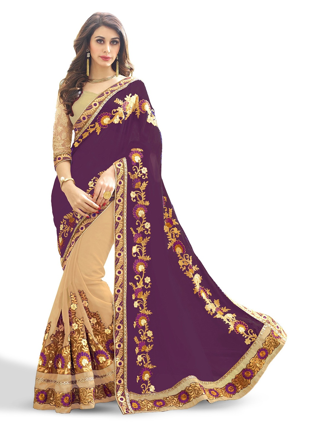 

Kedar Fab Purple & Beige Ethnic Motifs Embroidered Silk Blend Half and Half Saree