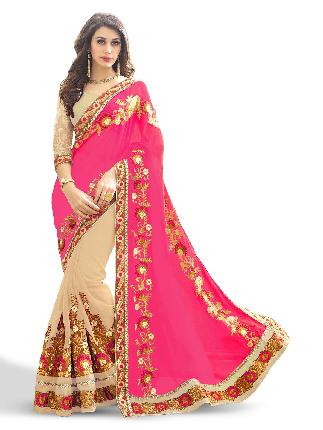 

Kedar Fab Ethnic Motifs Embroidered Half and Half Saree, Pink