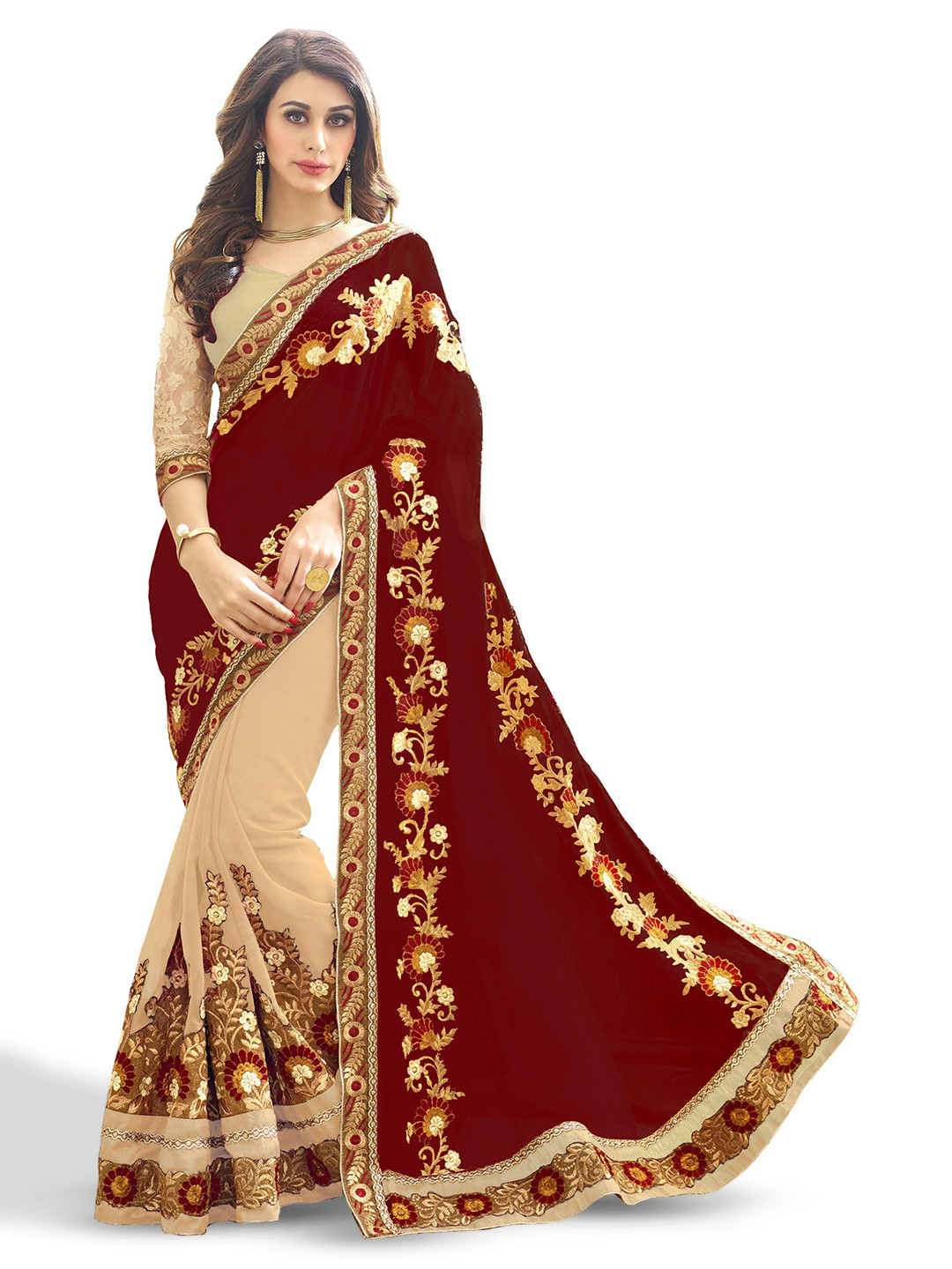 

Kedar Fab Ethnic Motifs Embroidered Half and Half Saree, Maroon