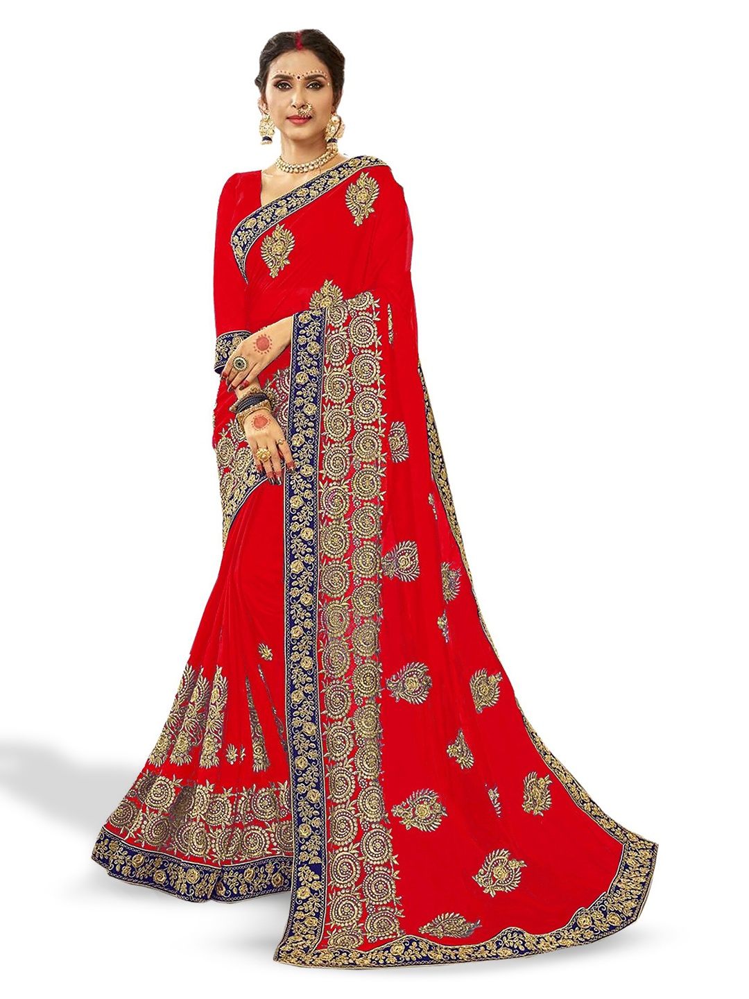 

Kedar Fab Ethnic Motifs Embroidered Saree, Red