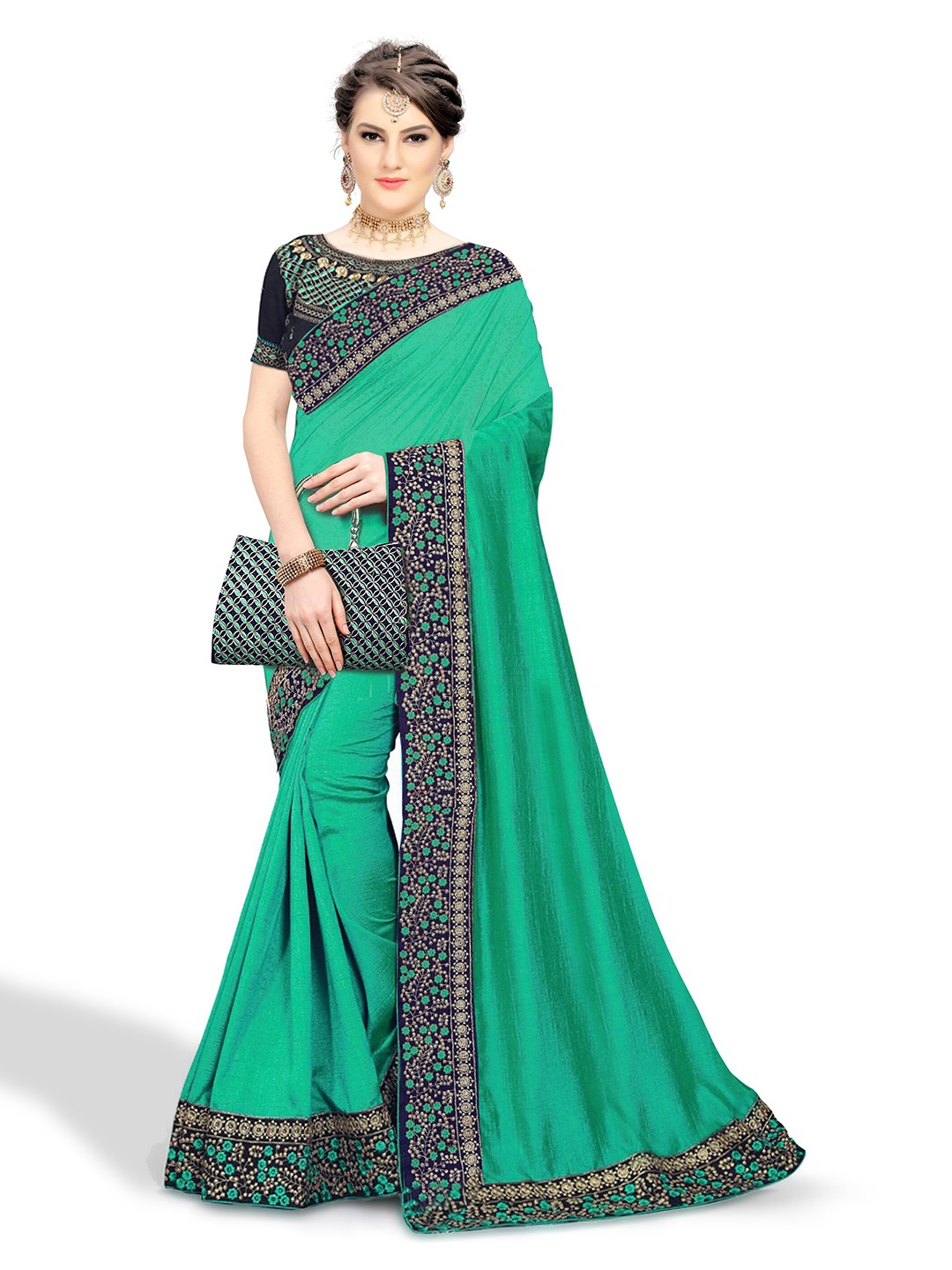 

Kedar Fab Ethnic Motifs Embroidered Saree, Green