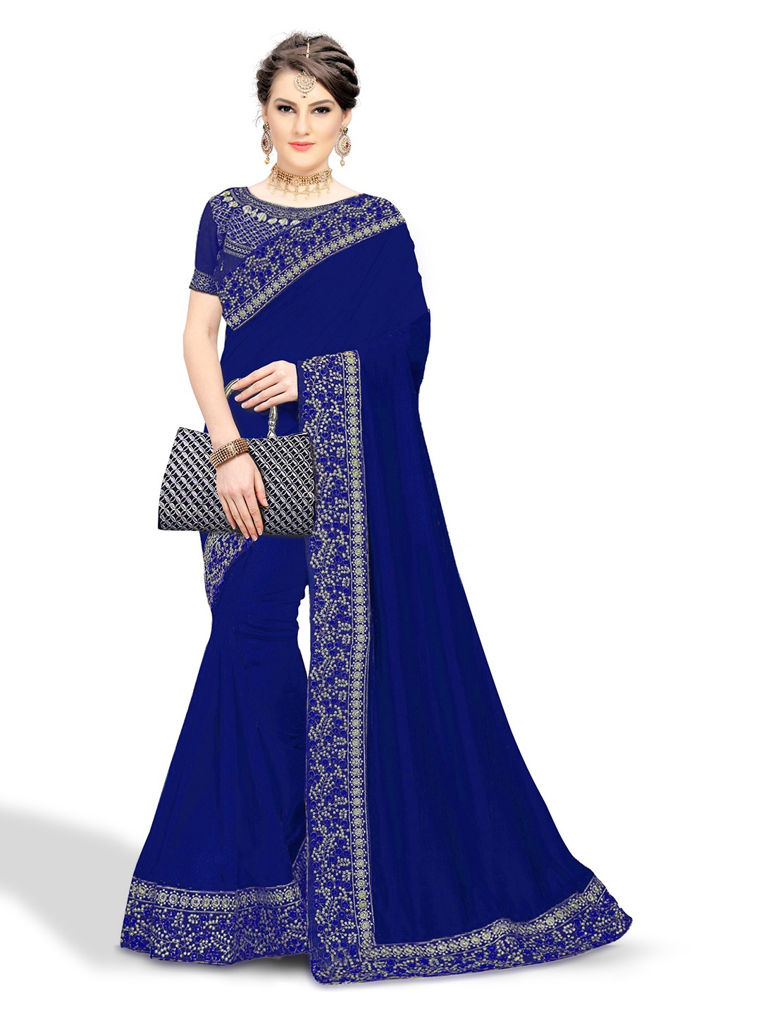 

Kedar Fab Embroidered Silk Blend Saree, Navy blue