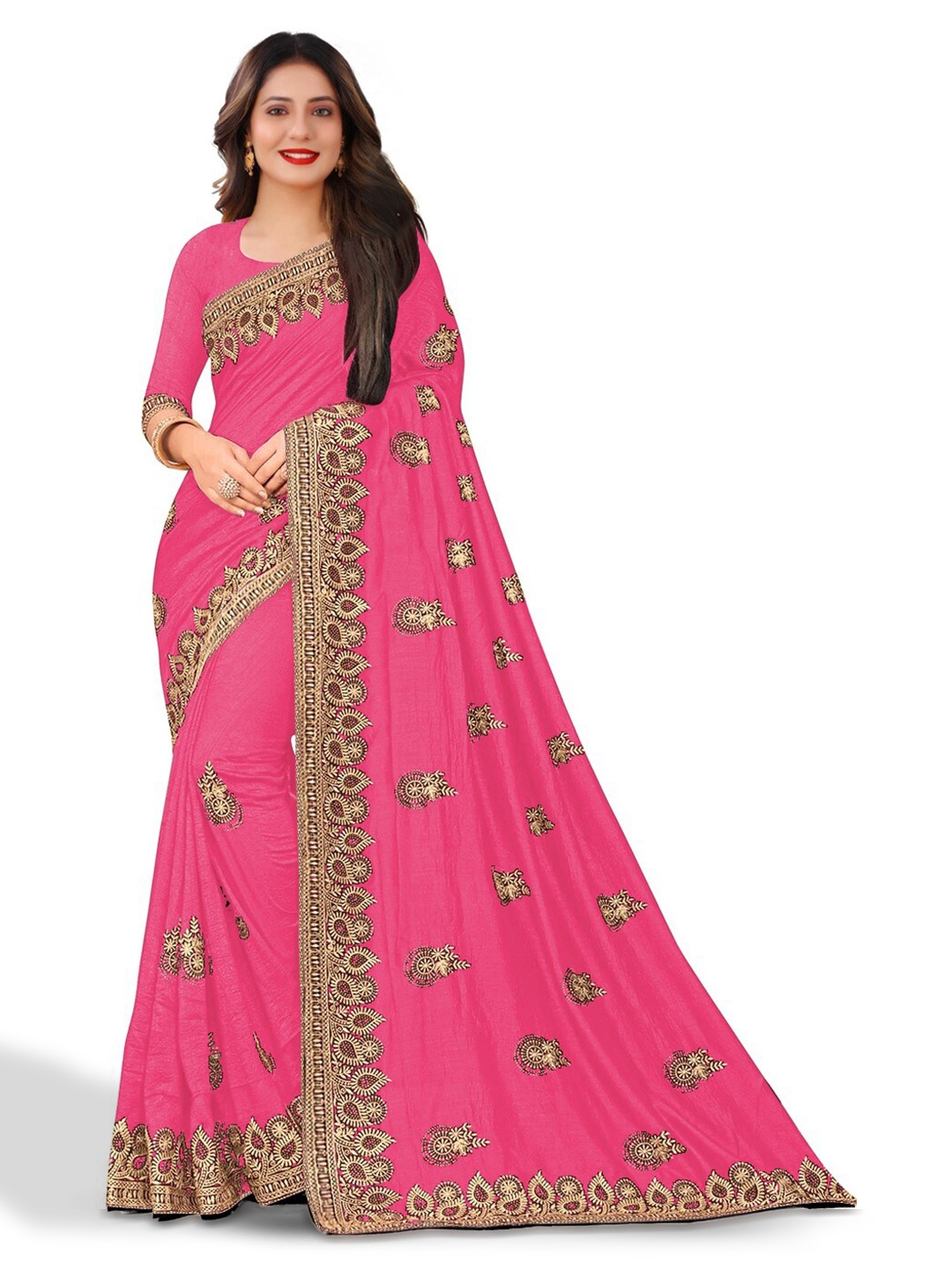 

Kedar Fab Ethnic Motifs Embroidered Saree, Pink