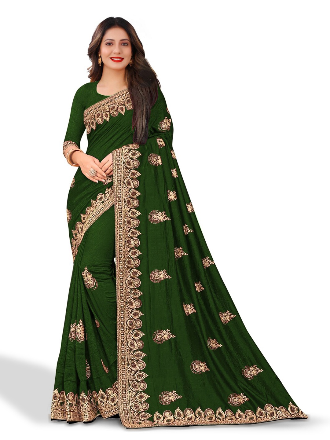 

Kedar Fab Ethnic Motifs Embroidered Saree, Green
