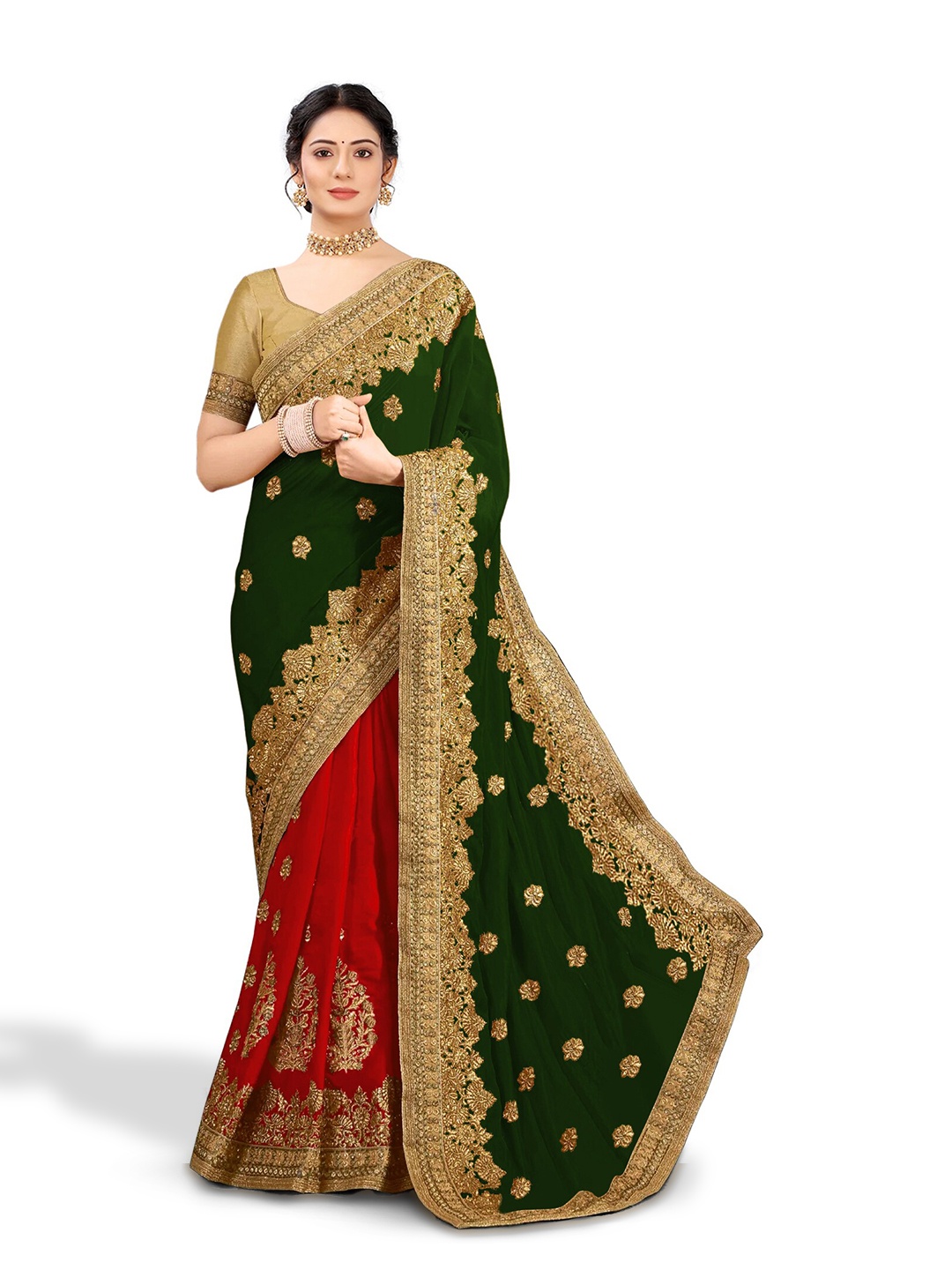 

Kedar Fab Ethnic Motifs Embroidered Half and Half Saree, Green