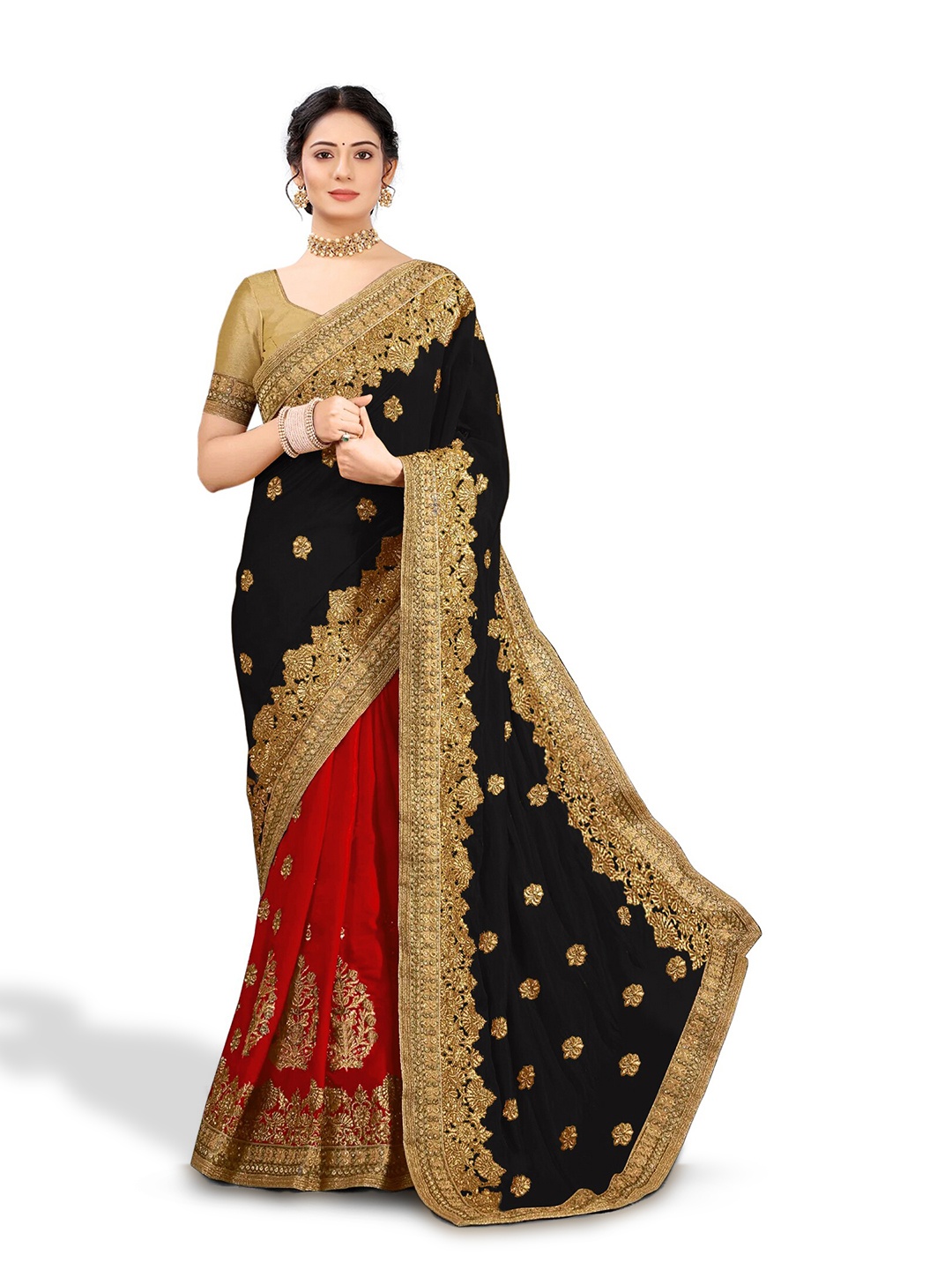 

Kedar Fab Ethnic Motifs Embroidered Half and Half Saree, Black