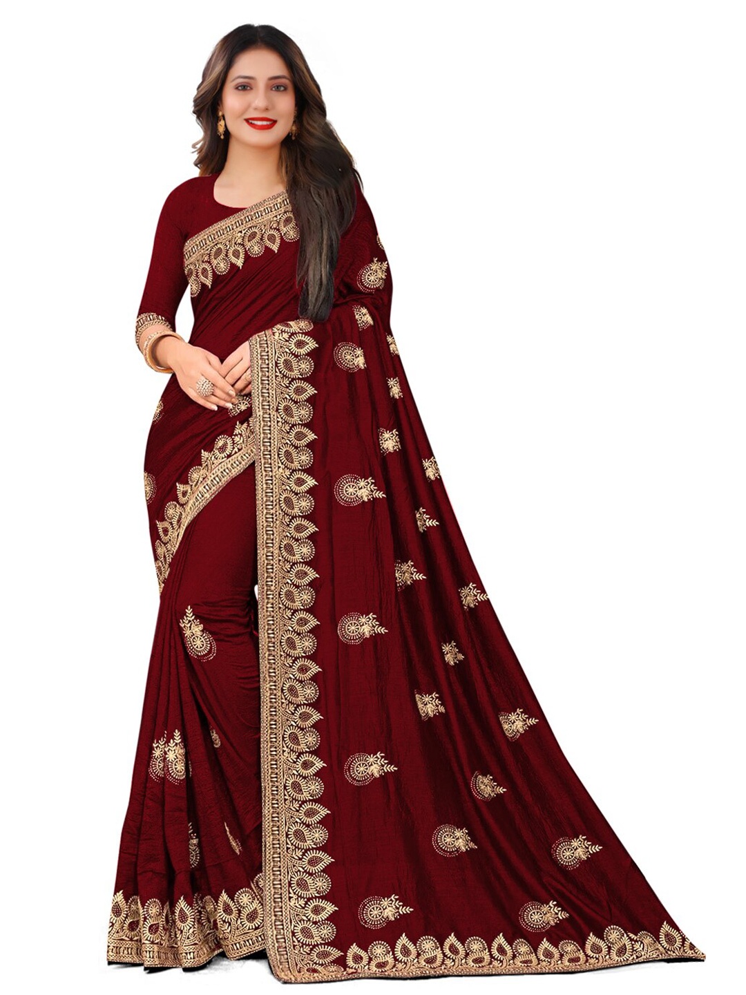 

Kedar Fab Ethnic Motifs Embroidered Saree, Maroon