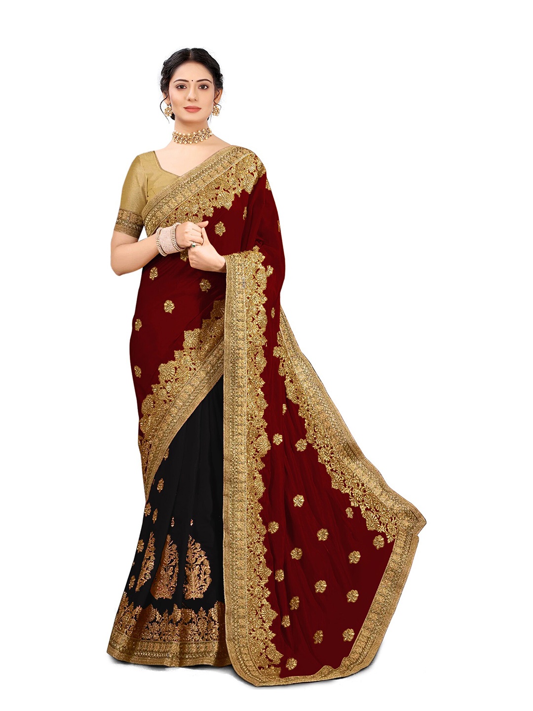 

Kedar Fab Ethnic Motifs Embroidered Silk Blend Half and Half Saree, Maroon