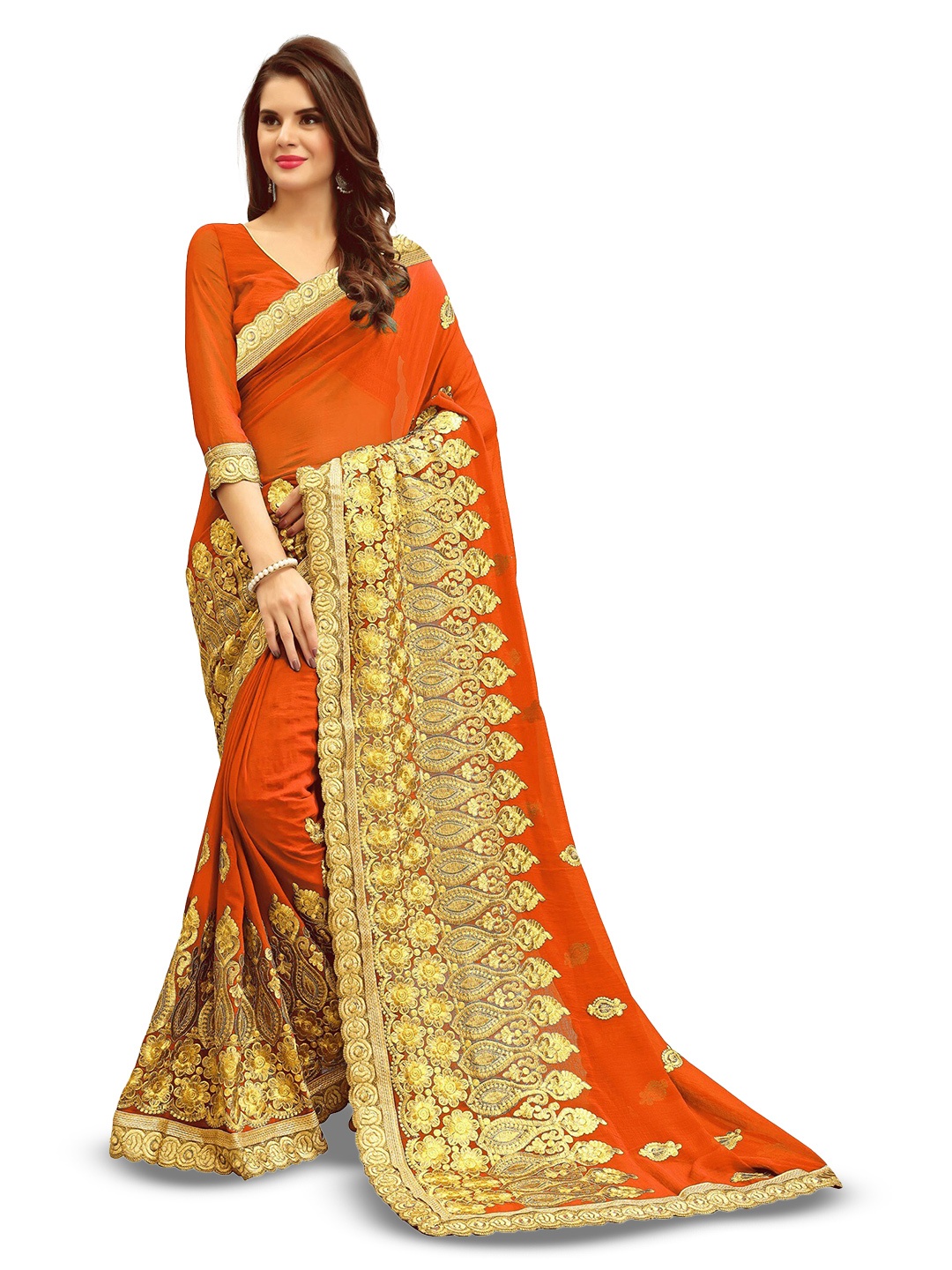 

Kedar Fab Ethnic Motifs Embroidered Saree, Orange