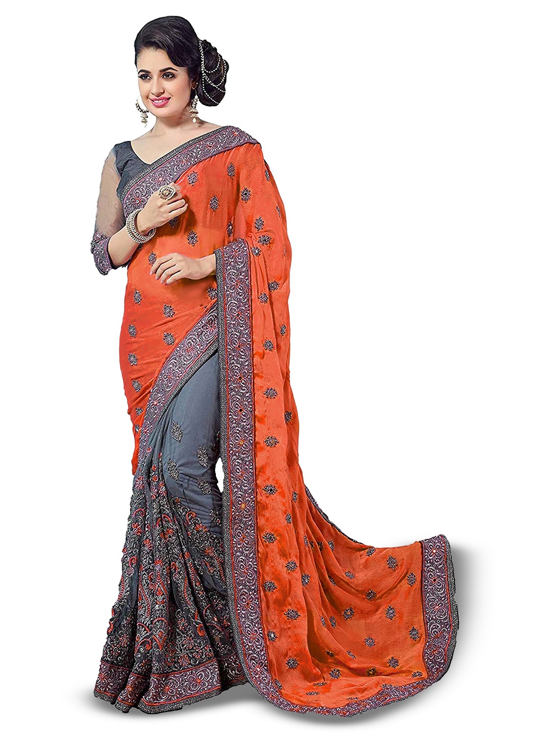 

Kedar Fab Ethnic Motifs Embroidered Half and Half Saree, Orange