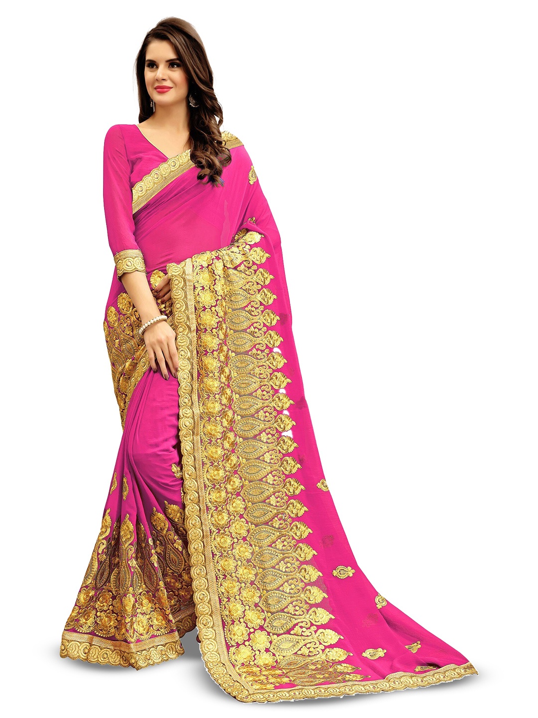 

Kedar Fab Ethnic Motifs Embroidered Saree, Pink