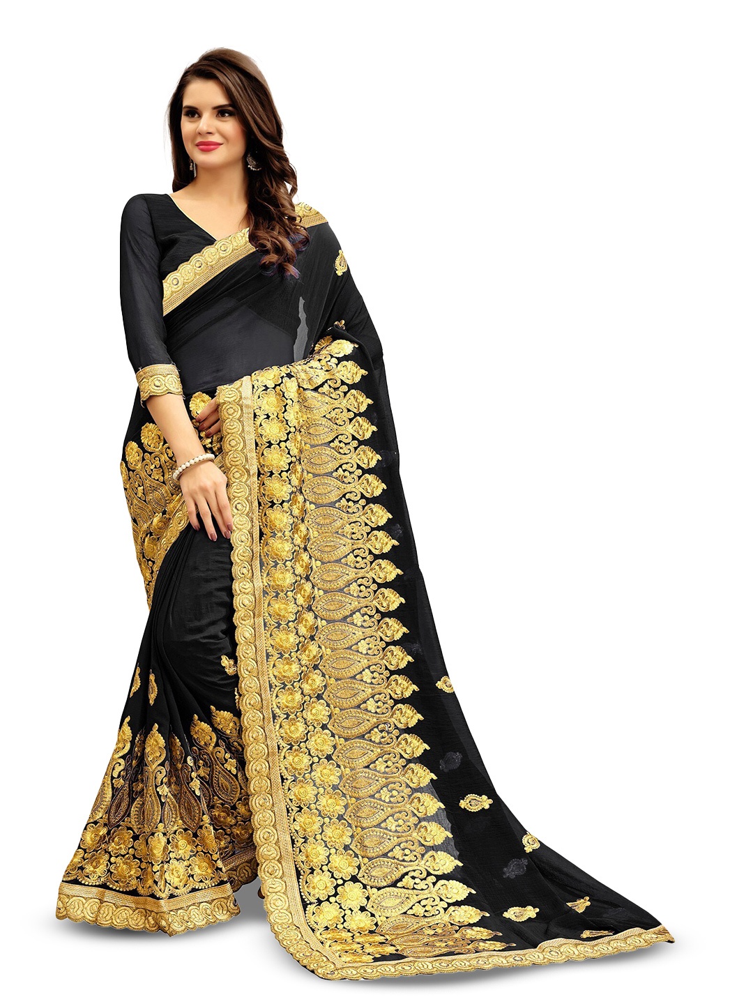 

Kedar Fab Ethnic Motifs Embroidered Saree, Black