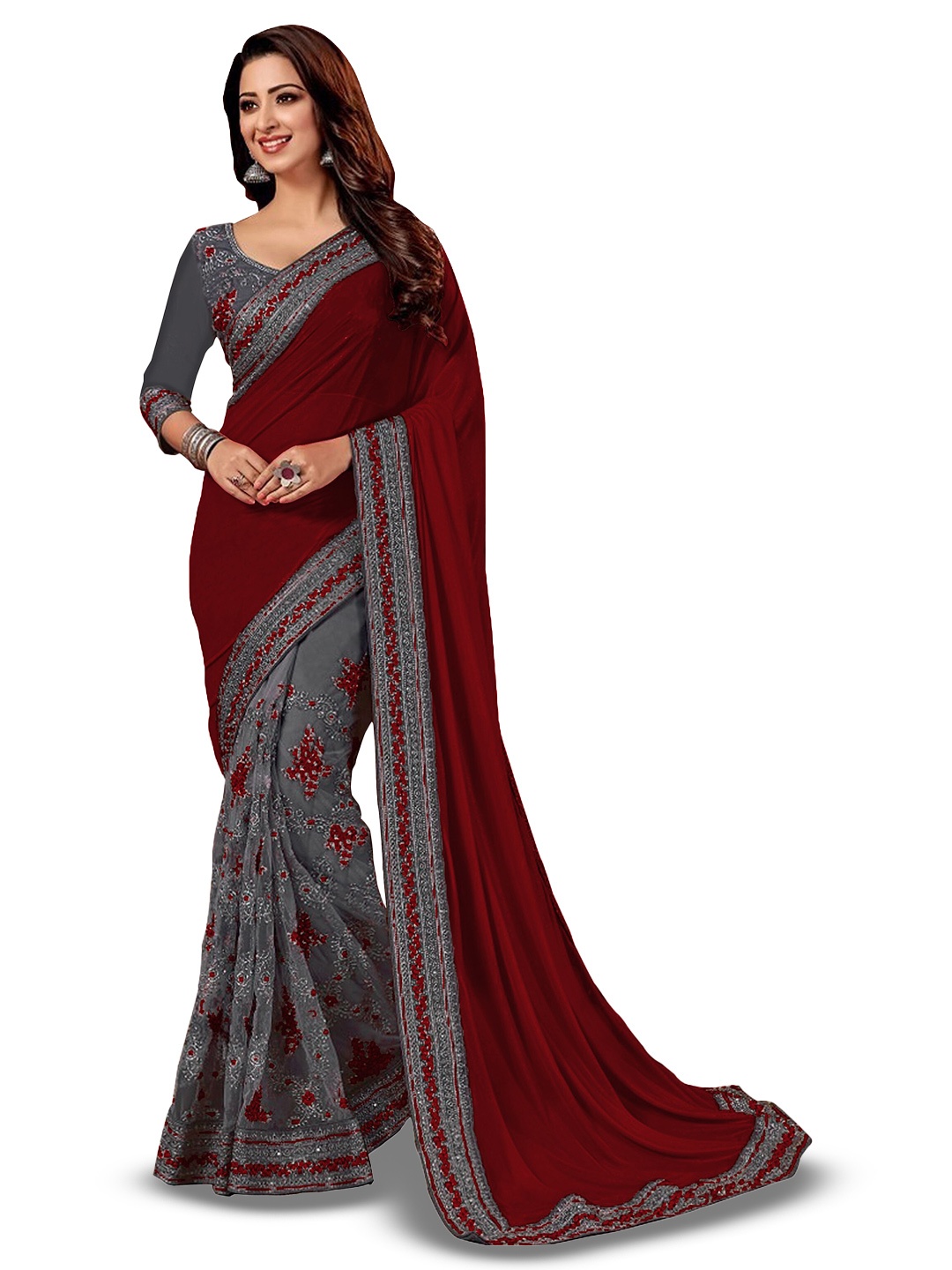 

Kedar Fab Ethnic Motifs Embroidered Half and Half Saree, Maroon