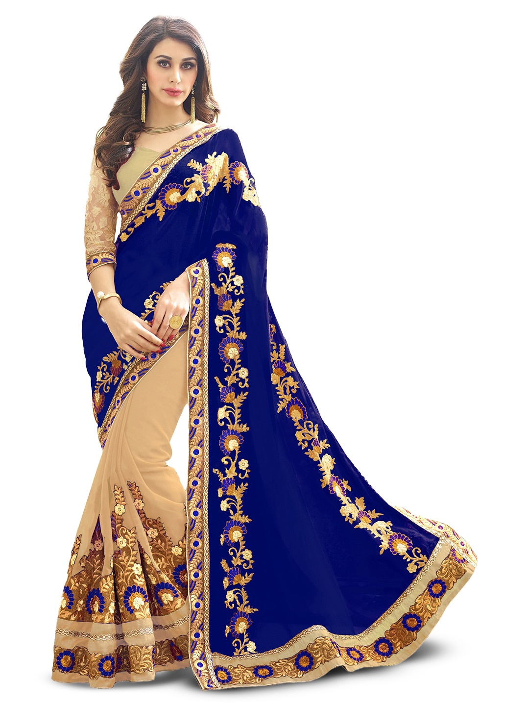 

Kedar Fab Ethnic Motifs Embroidered Saree, Navy blue