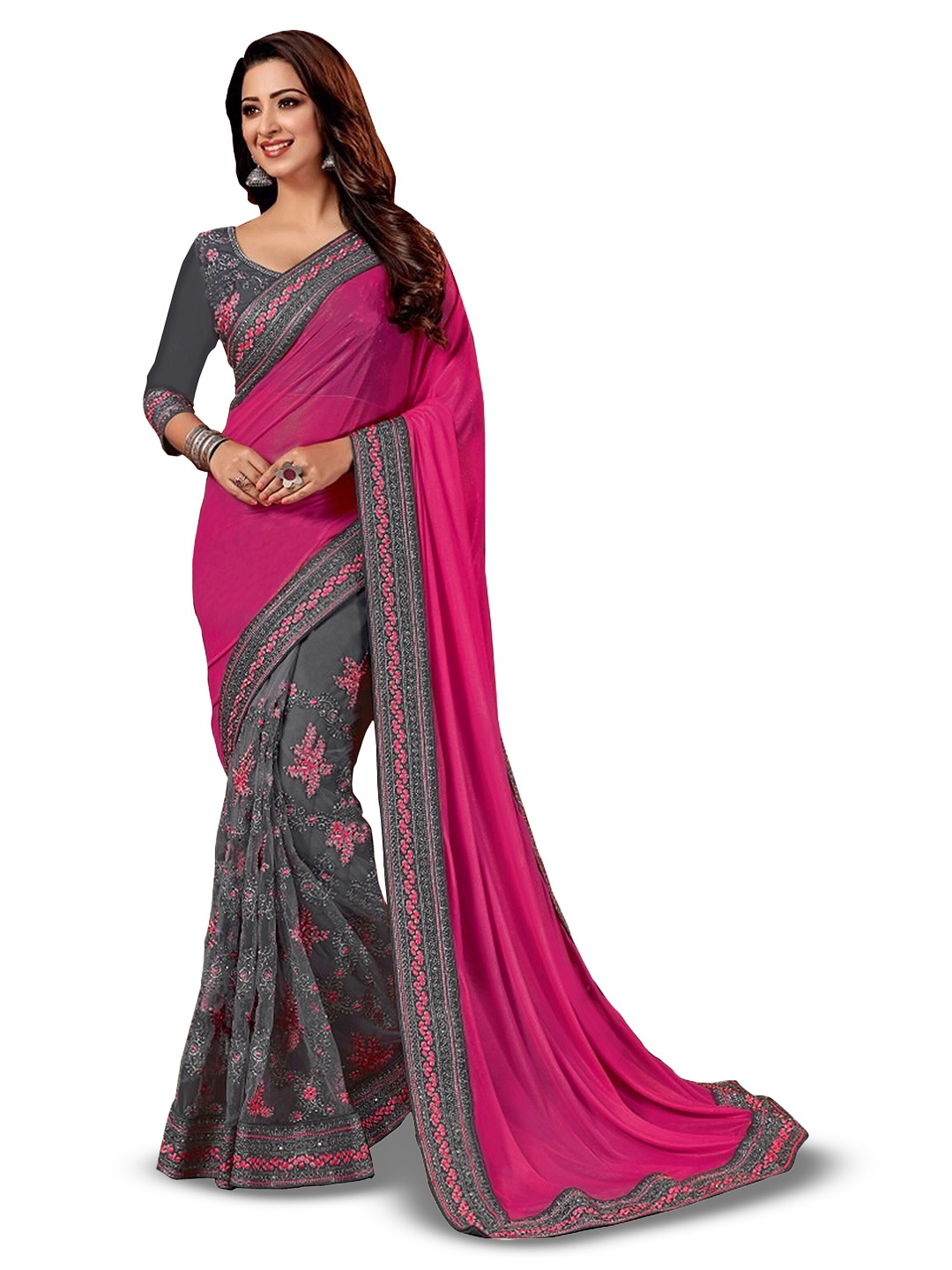 

Kedar Fab Ethnic Motifs Embroidered Silk Blend Half and Half Saree, Pink