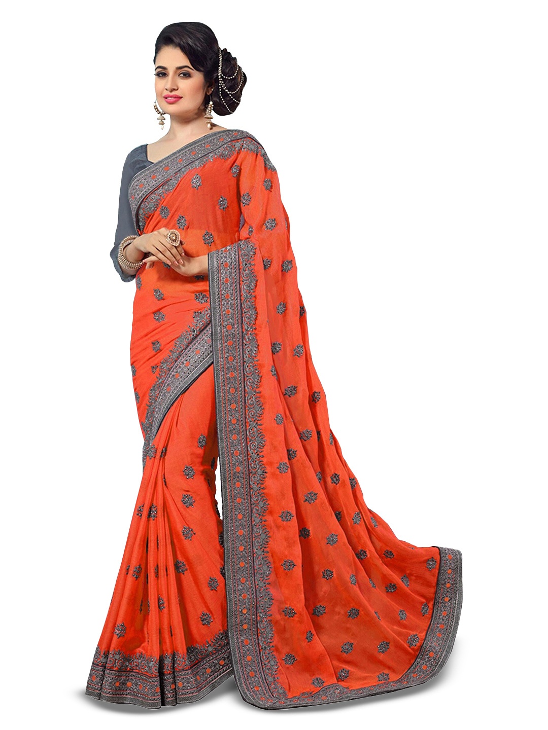 

Kedar Fab Ethnic Motifs Embroidered Silk Blend Saree, Orange