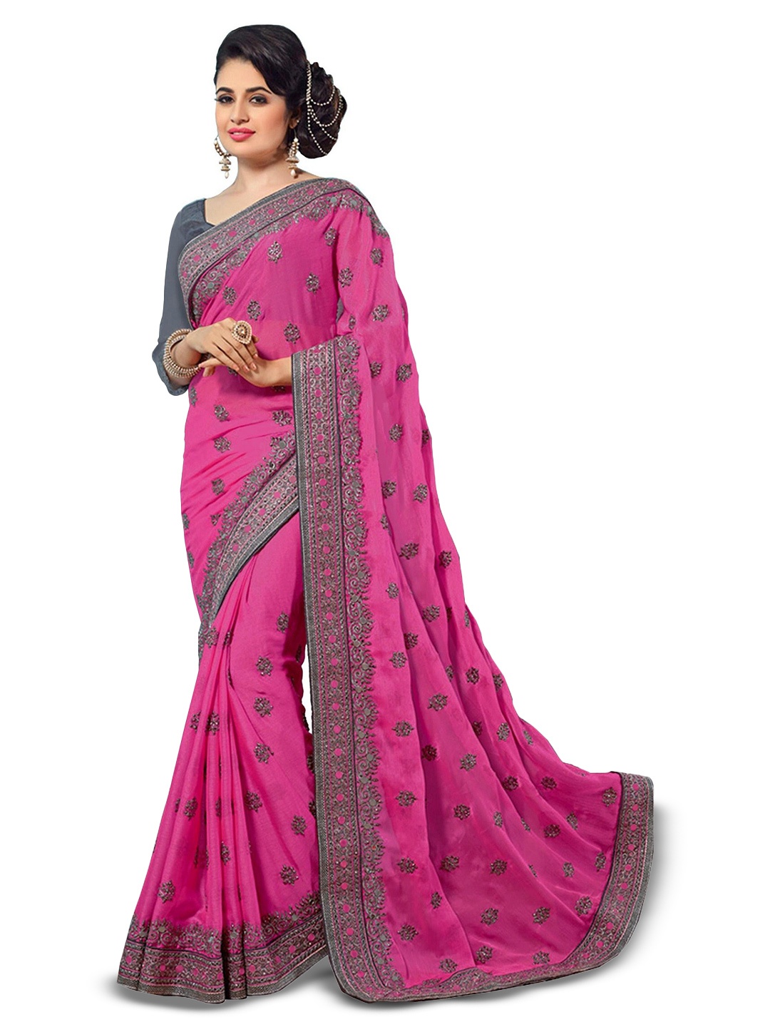

Kedar Fab Ethnic Motifs Embroidered Silk Blend Saree, Pink