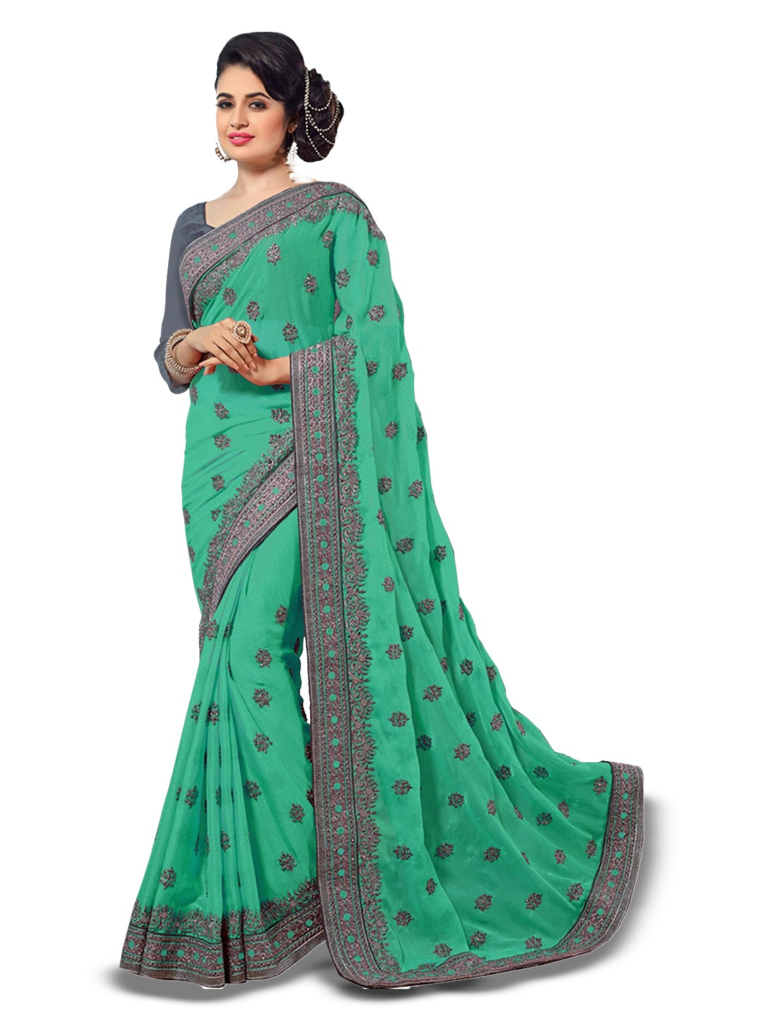 

Kedar Fab Ethnic Motifs Embroidered Saree, Green