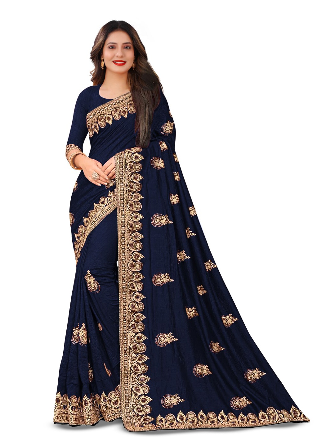

Kedar Fab Ethnic Motifs Embroidered Saree, Navy blue
