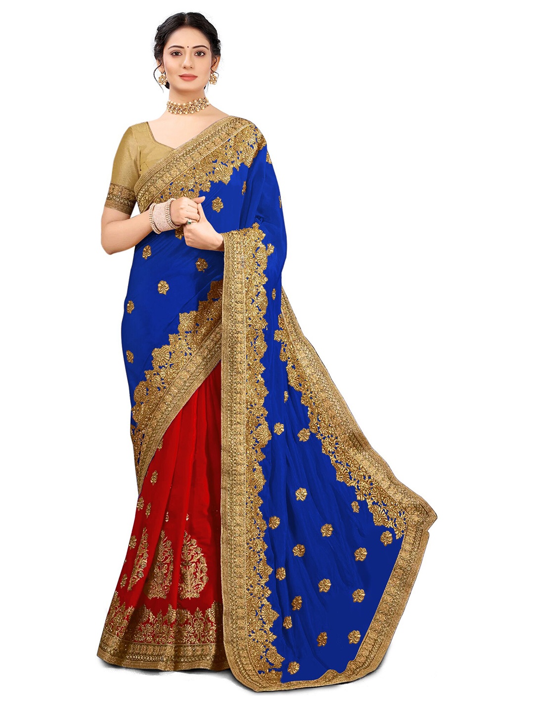 

Kedar Fab Ethnic Motifs Embroidered Half and Half Saree, Blue