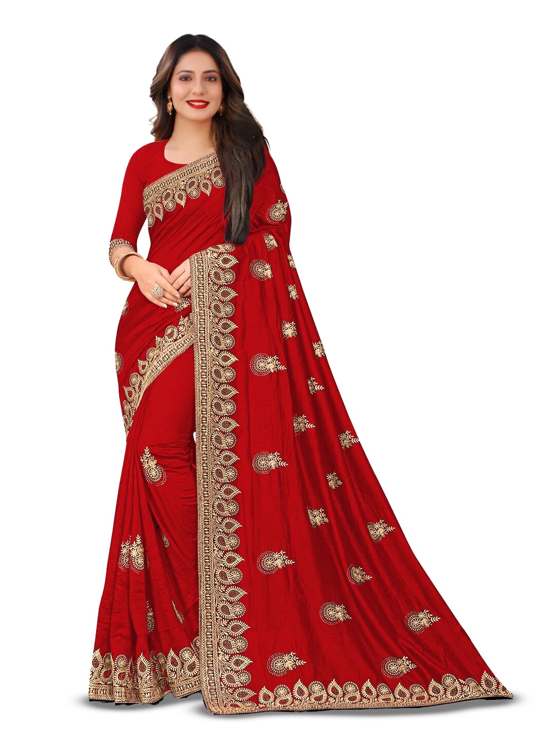 

Kedar Fab Ethnic Motifs Embroidered Saree, Red