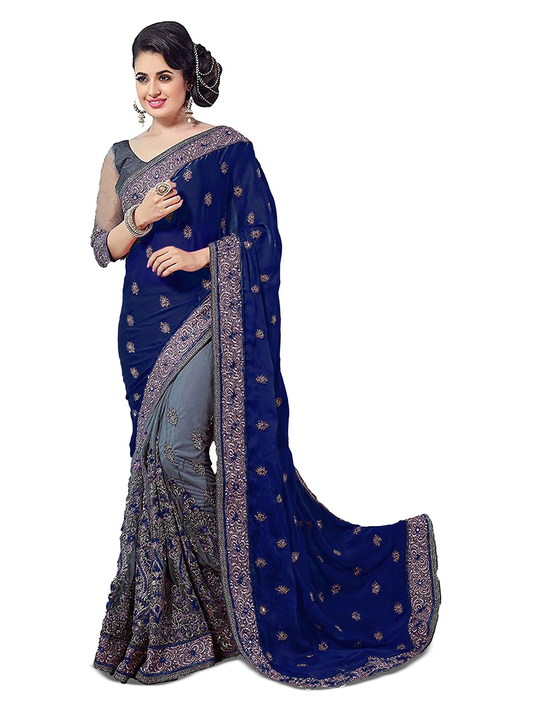 

Kedar Fab Ethnic Motifs Embroidered Half and Half Saree, Navy blue