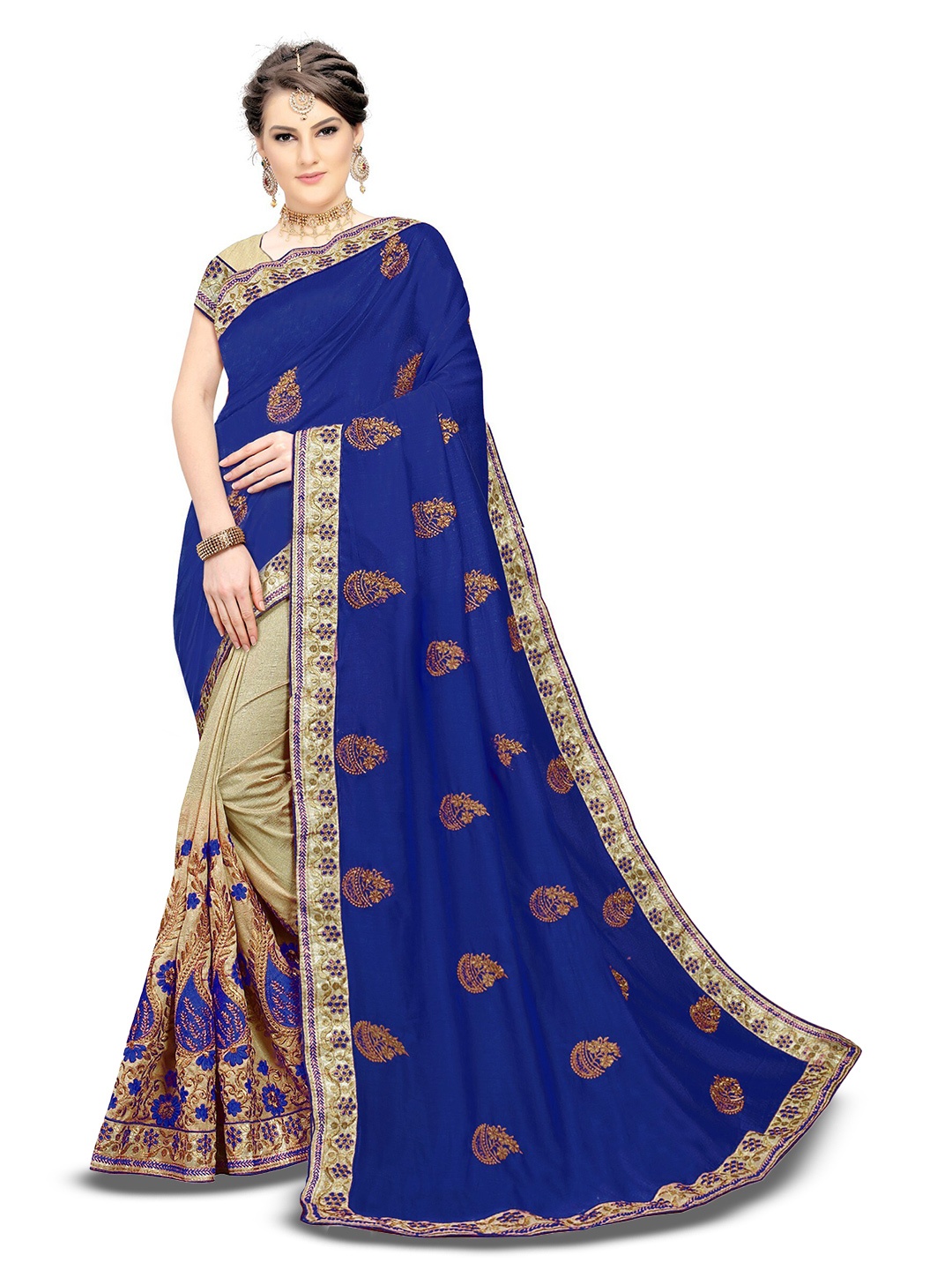 

Kedar Fab Ethnic Motifs Embroidered Saree, Navy blue