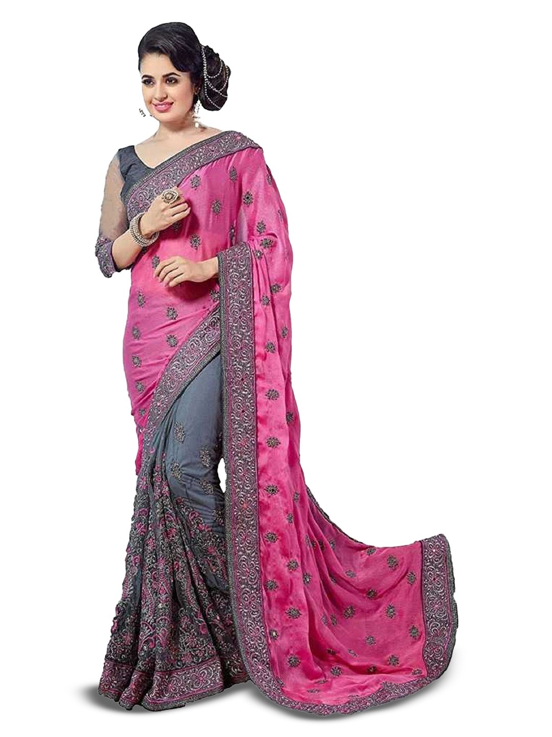

Kedar Fab Floral Embroidered Saree, Pink