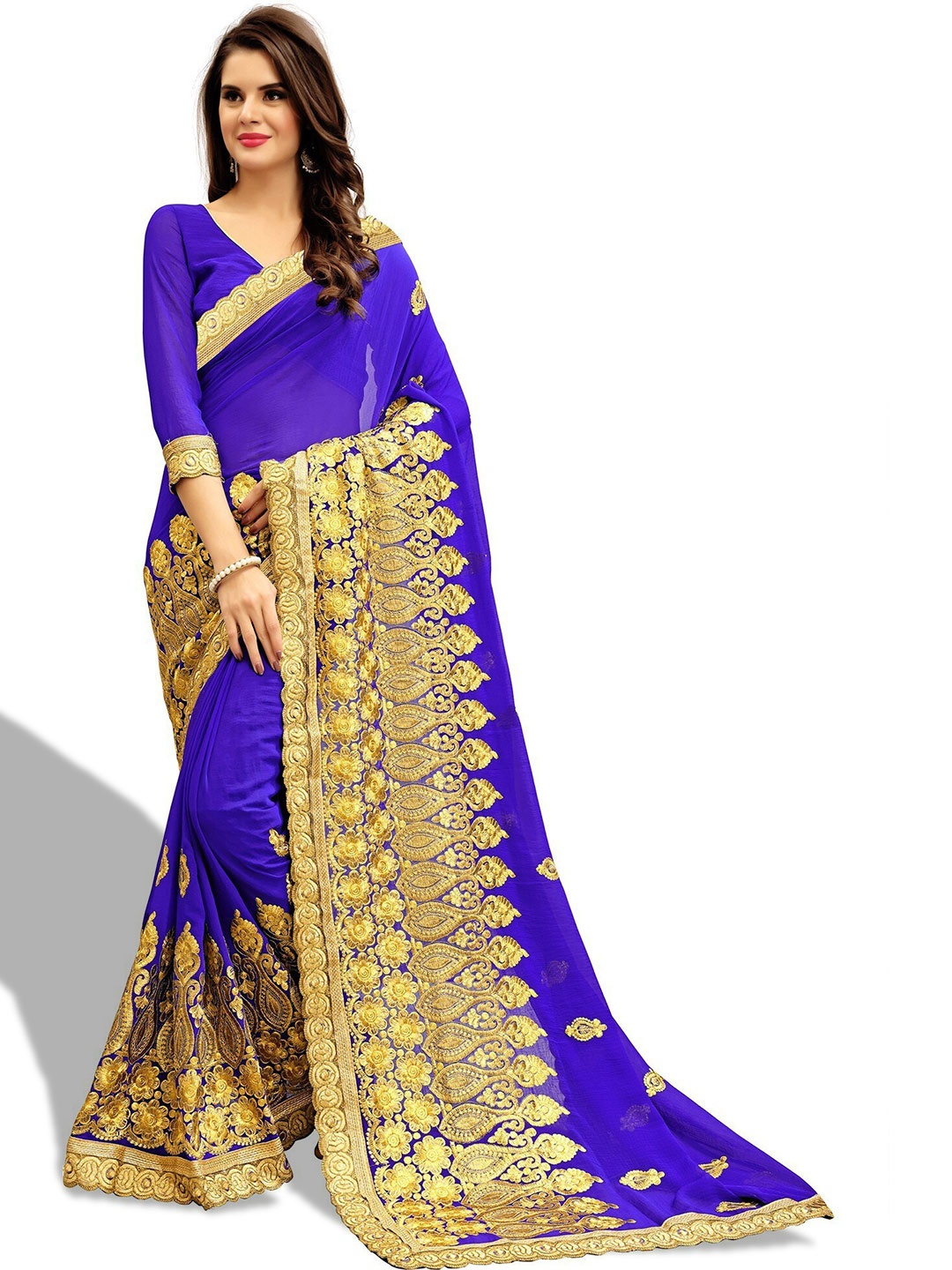 

Kedar Fab Ethnic Motifs Embroidered Silk Blend Saree, Blue
