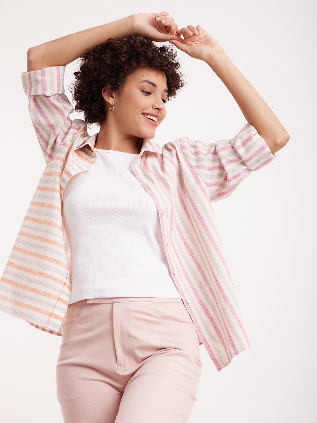 

Pink Fort White Striped Cotton Shirt Style Top