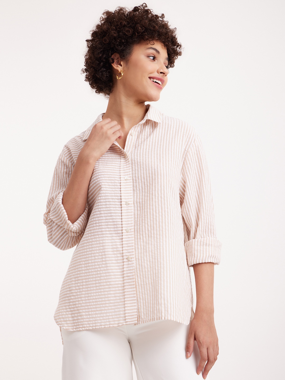 

Pink Fort Beige Striped Cotton Shirt Style Top
