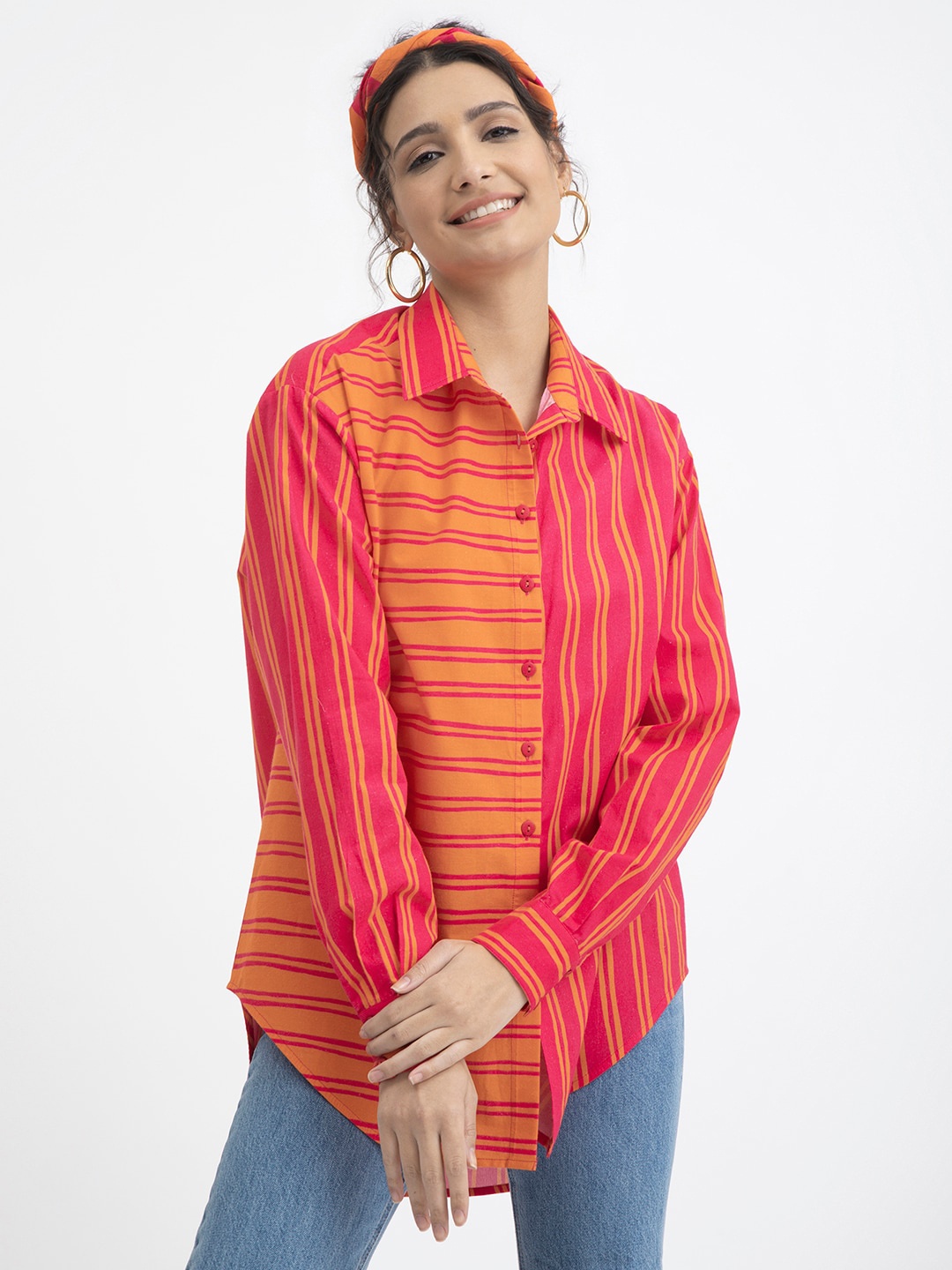 

Pink Fort Pink Striped Extended Sleeves Cotton Shirt Style Top