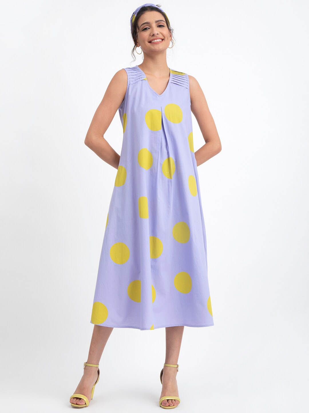 

Pink Fort Yellow Polka Dot Print Empire Midi Dress