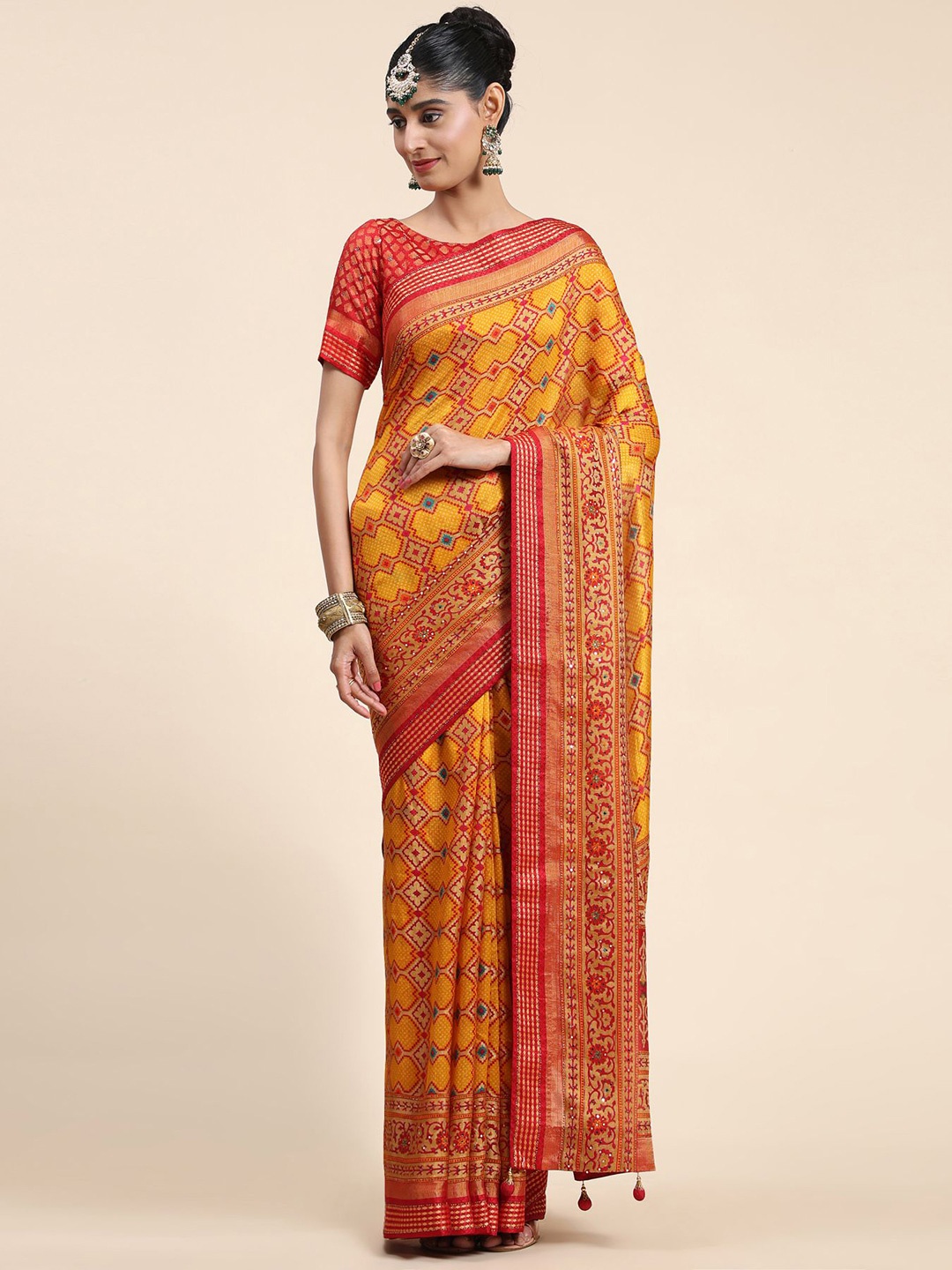 

Phenav Ethnic Motifs Printed Zari Border Ikat Saree with Blouse, Yellow