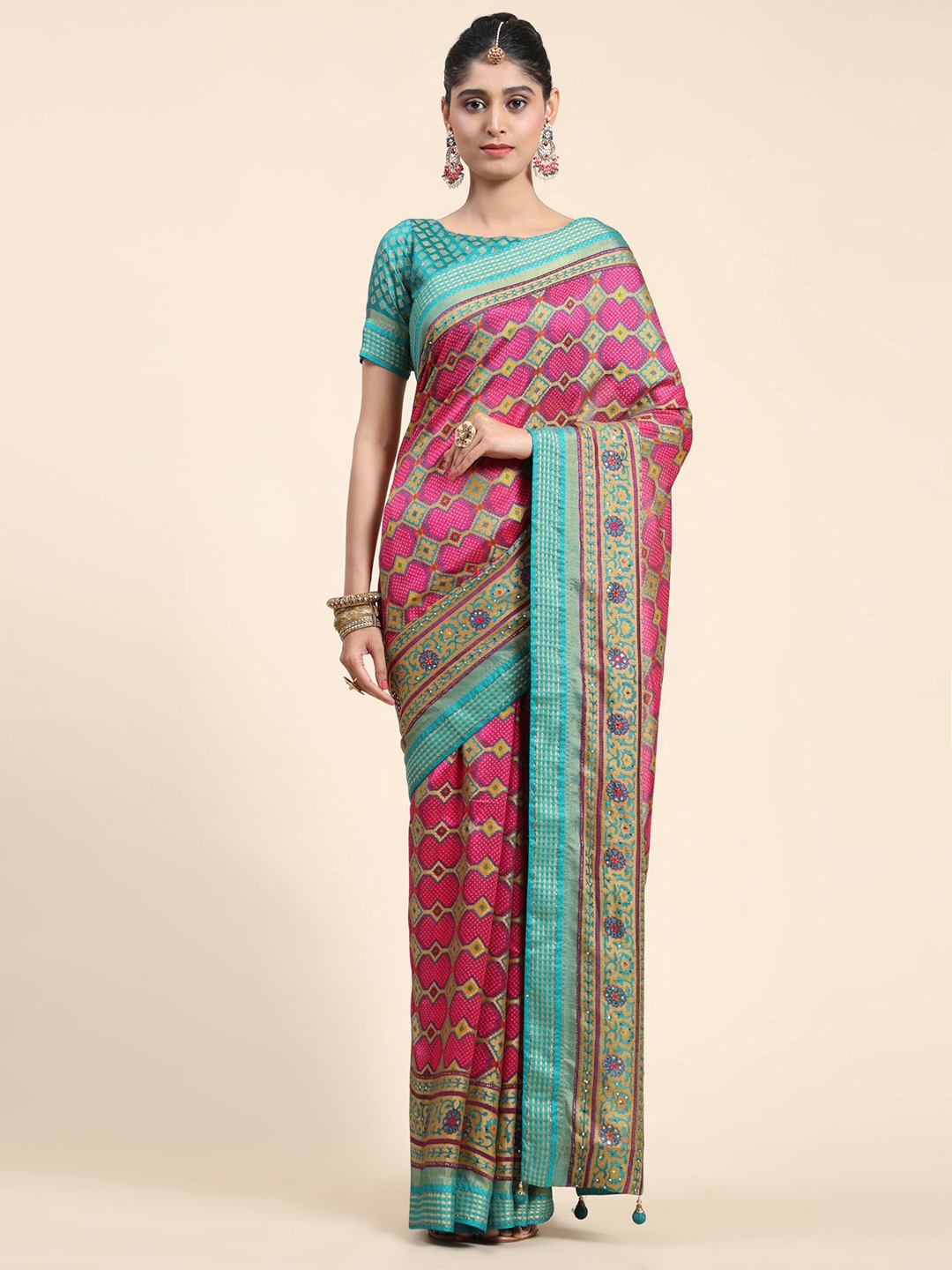 

Phenav Ethnic Motifs Zari Border Ikat Silk Saree with Blouse, Pink