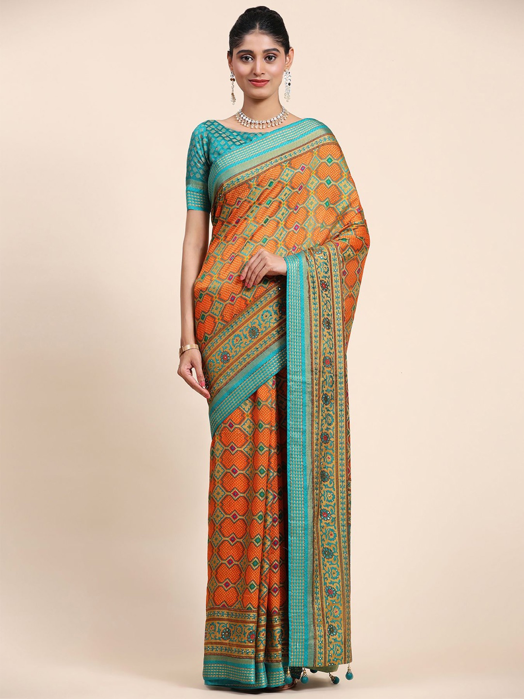

Phenav Ethnic Motifs Printed Zari Border Ikat Silk Saree with Blouse, Yellow