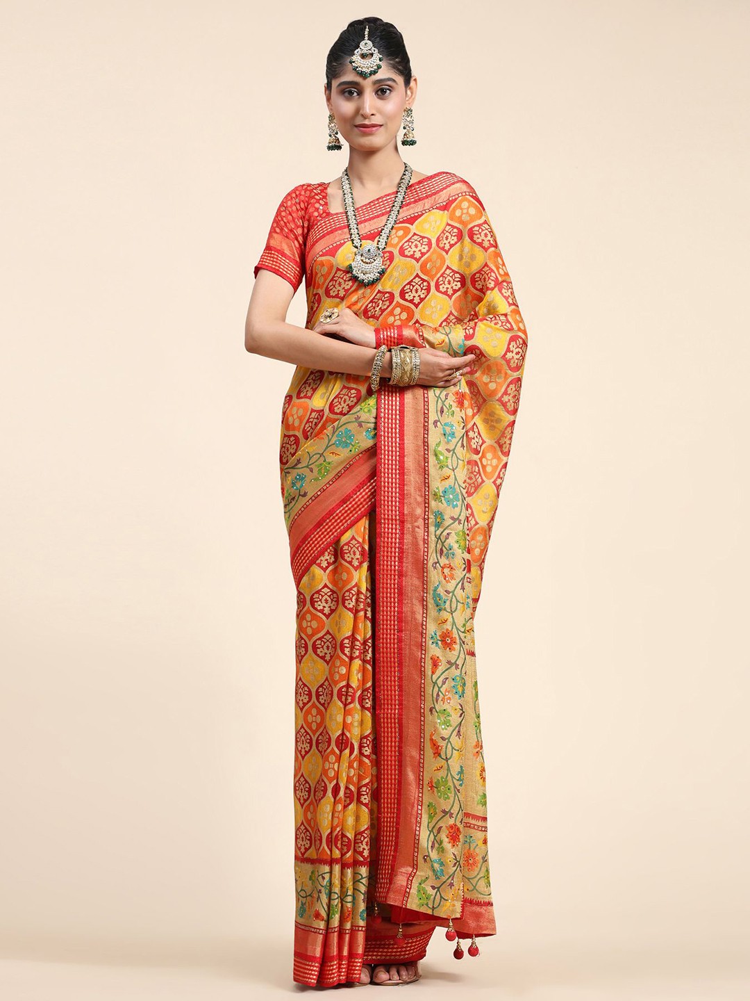 

Phenav Ethnic Motifs Zari Border Ikat Silk Saree with Blouse, Yellow