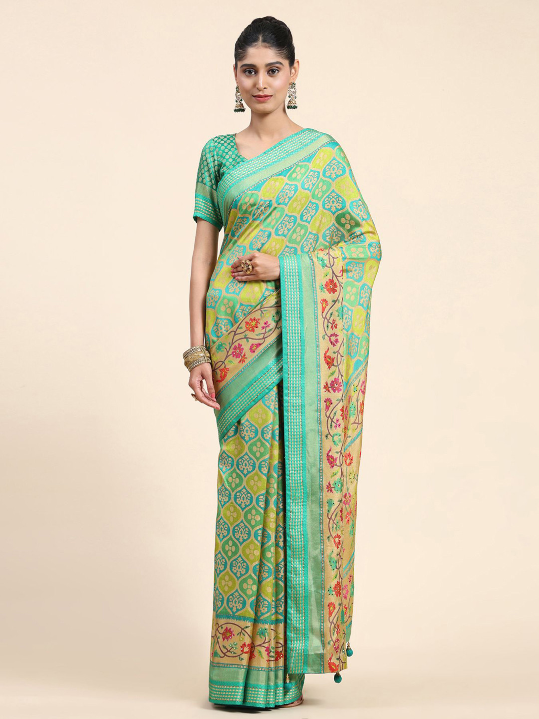 

Phenav Ethnic Motifs Printed Zari Border Ikat Silk Saree with Blouse, Green