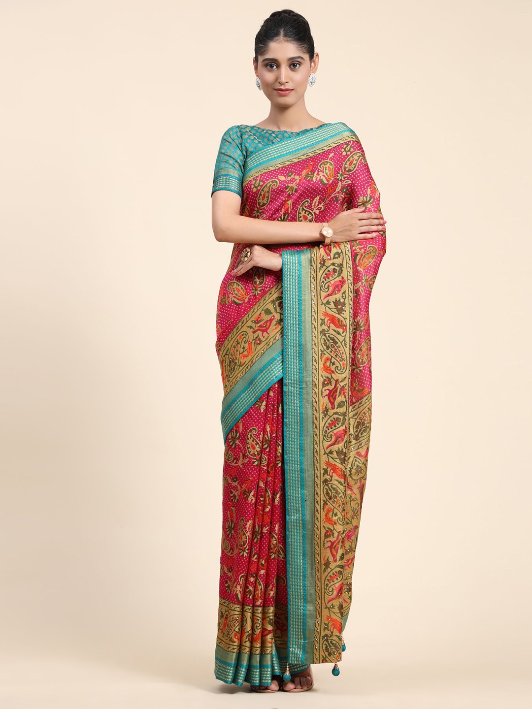 

Phenav Ethnic Motifs Zari Border Ikat Silk Saree with Blouse, Pink
