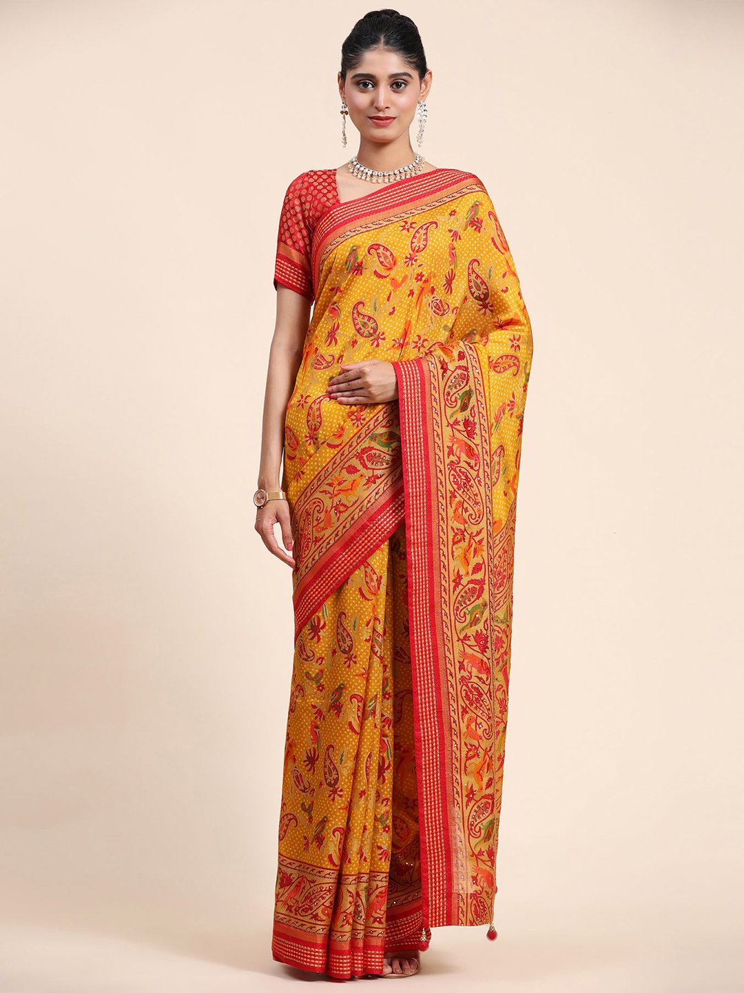 

Phenav Ethnic Motifs Zari Border Ikat Silk Saree with Blouse, Yellow
