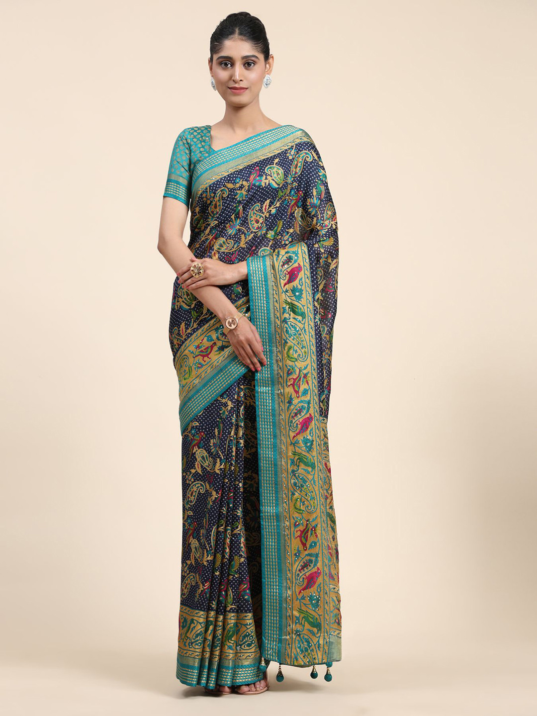 

Phenav Ethnic Motifs Printed Zari Border Ikat Silk Saree with Blouse, Navy blue