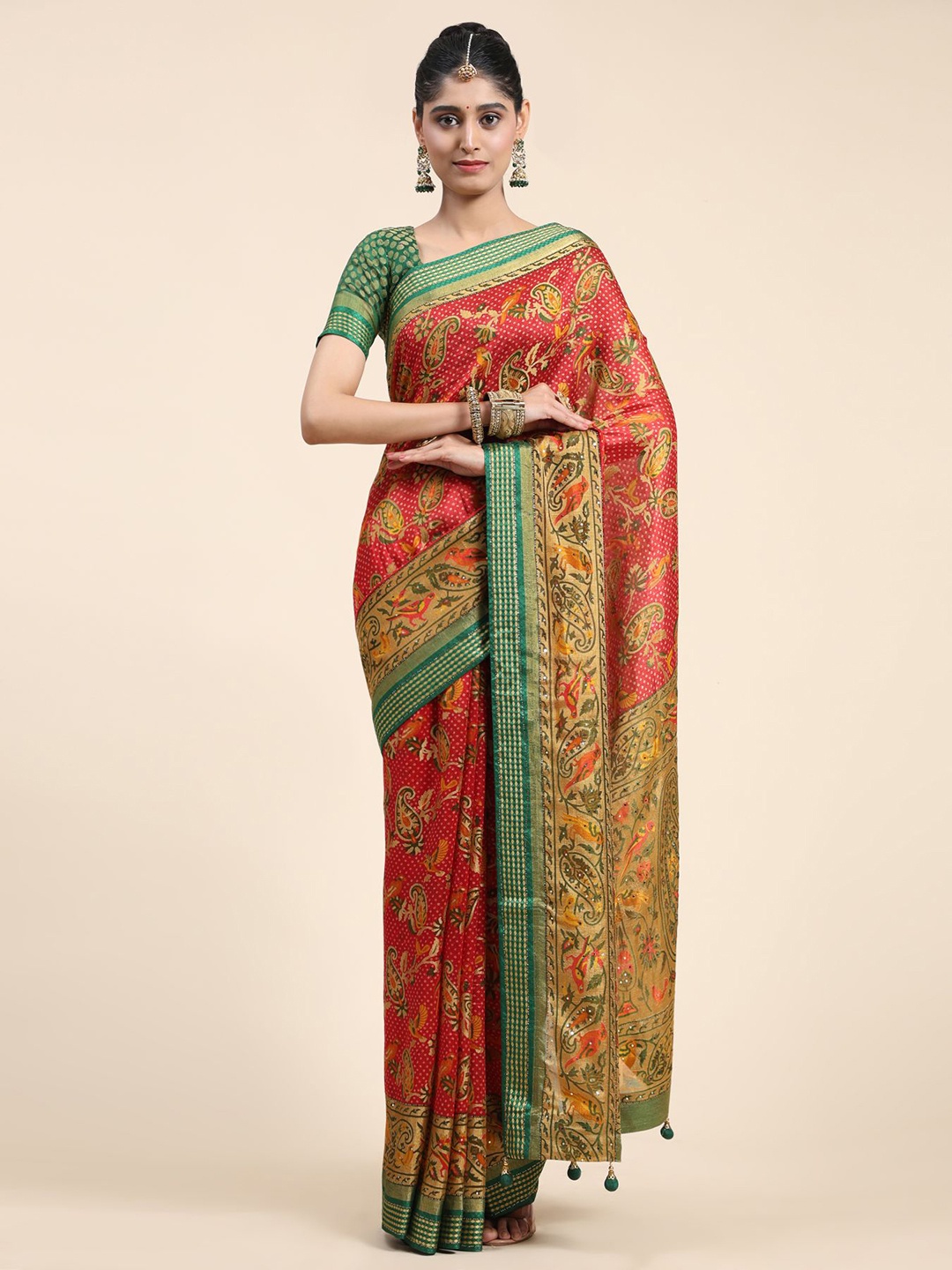 

Phenav Ethnic Motifs Zari Border Ikat Silk Saree with Blouse, Red