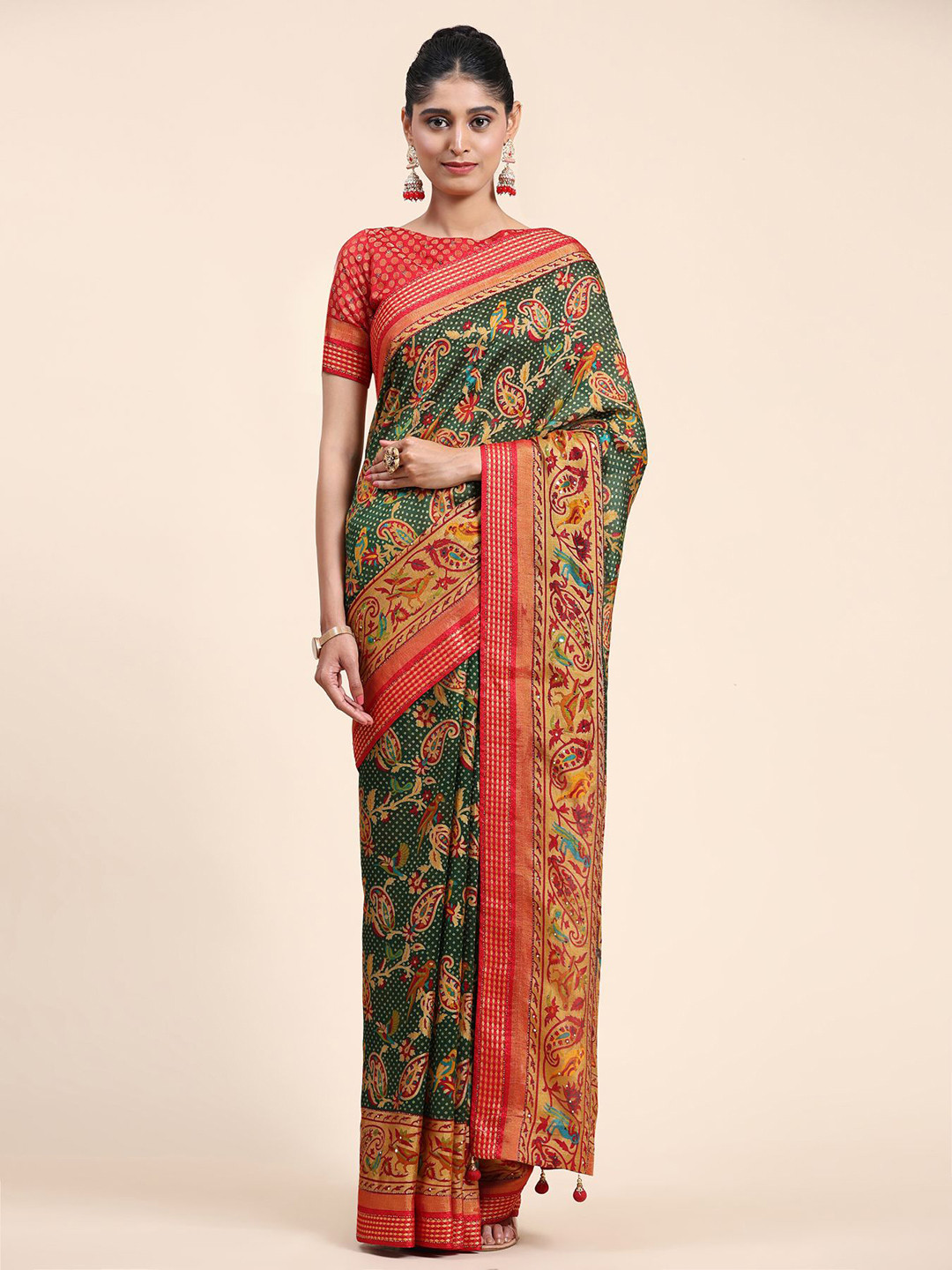 

Phenav Ethnic Motifs Printed Zari Border Ikat Silk Saree with Blouse, Green