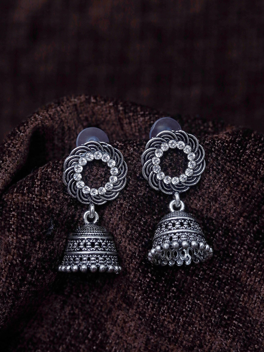 

Maansh Silver-Plated Dome Shaped Jhumkas Earrings