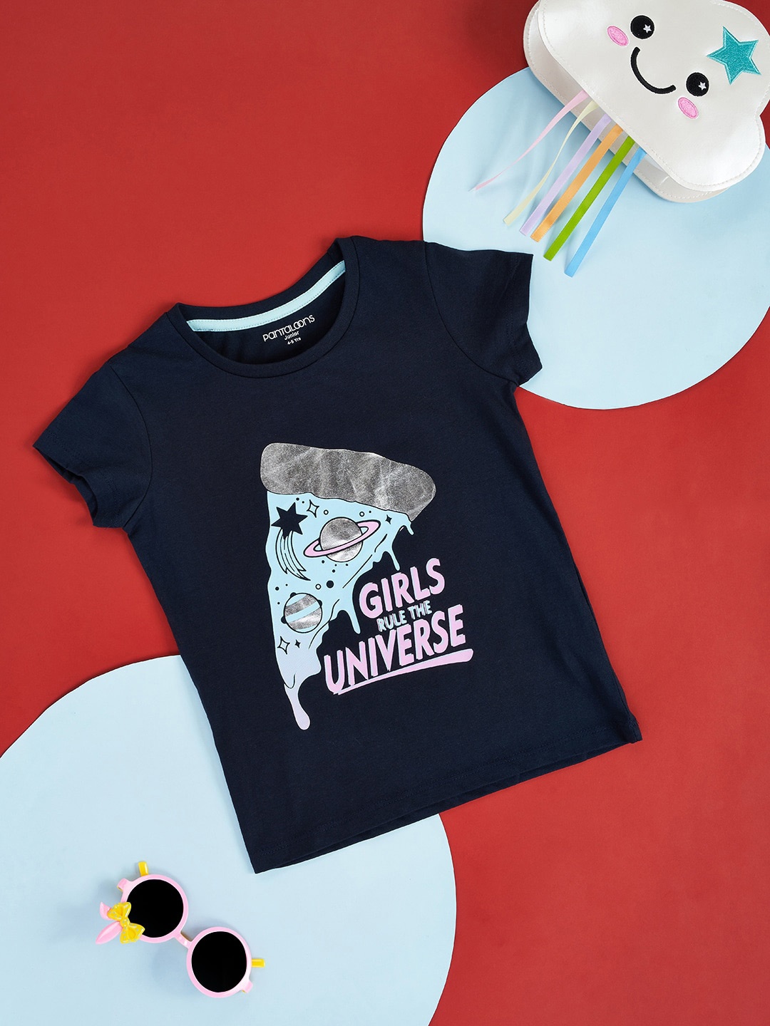 

Pantaloons Junior Girls Navy Blue Typography Printed Applique T-shirt