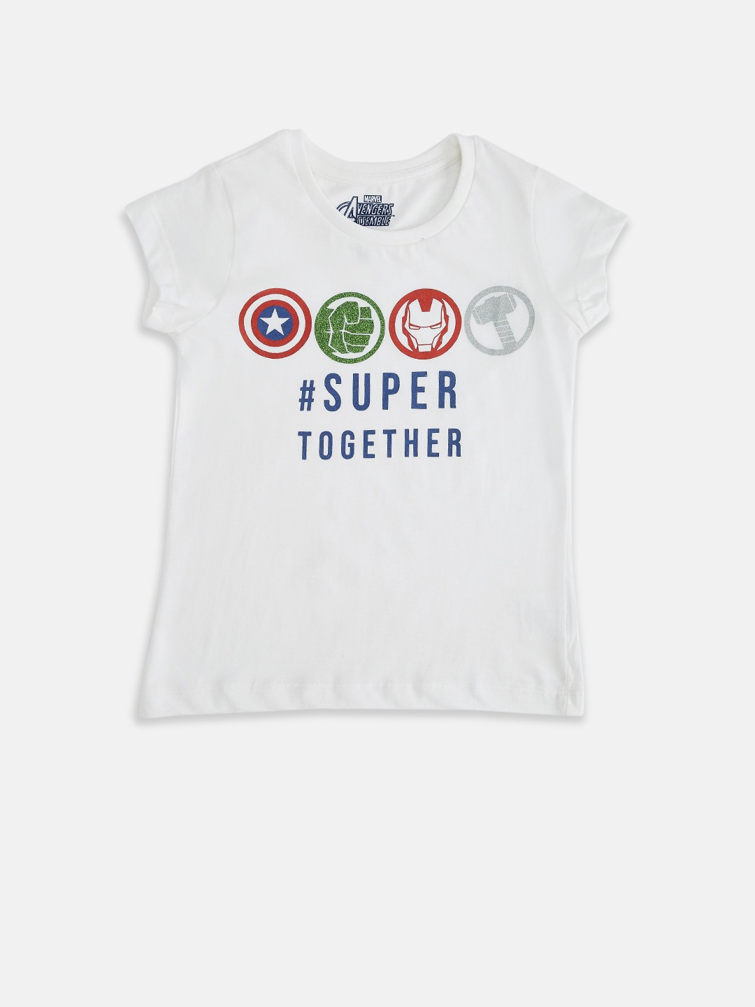 Pantaloons Junior Girls White Typography Avengers Printed Applique T-shirt
