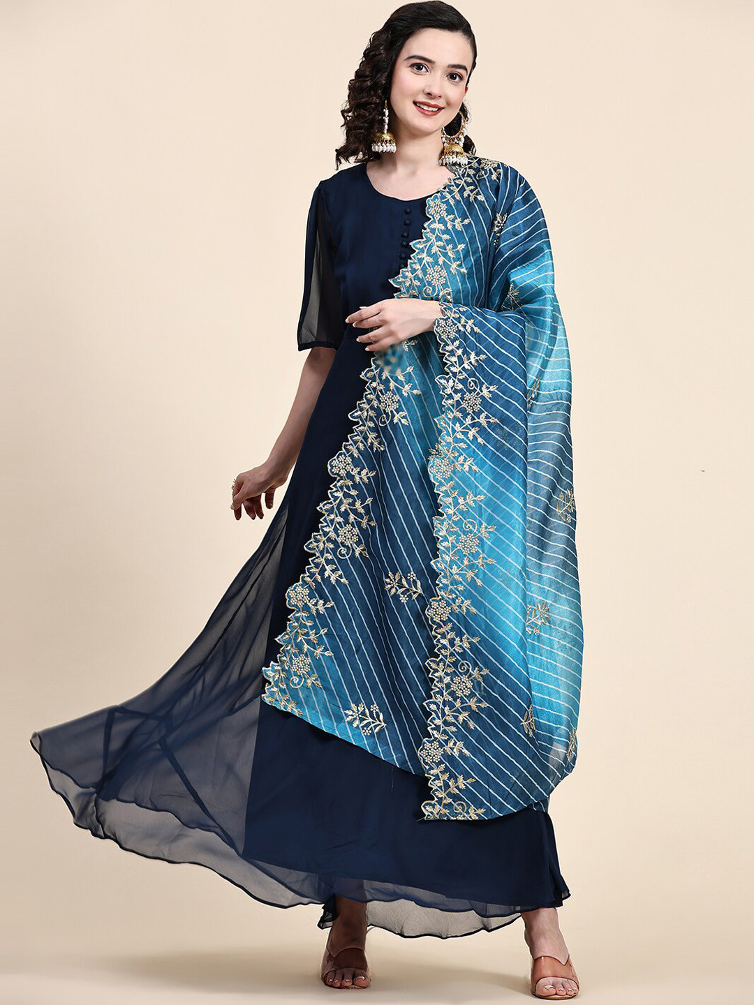 

KALINI Round Neck Flared Ethnic Dresses With Dupatta, Teal