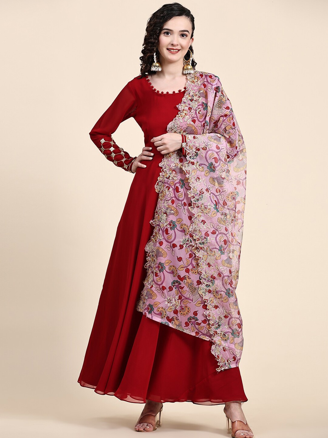

KALINI Embroidered Flared Ethnic Dresses, Maroon
